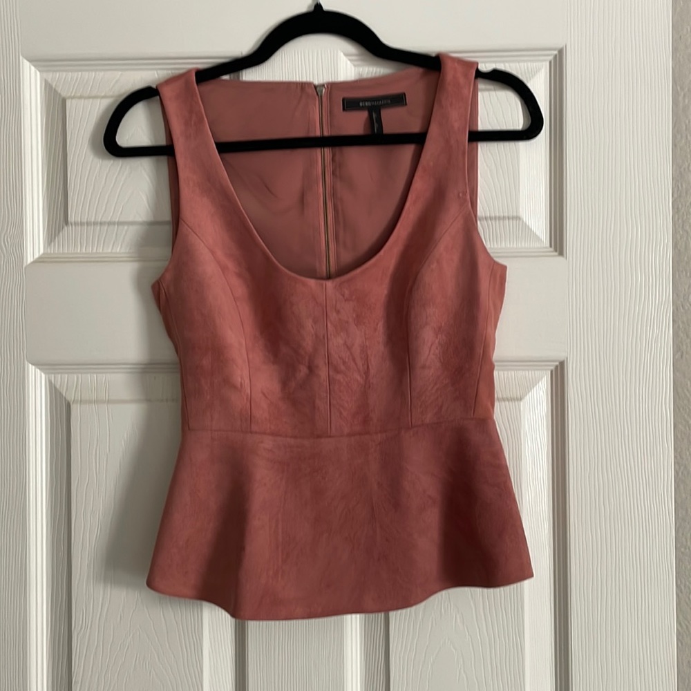 BCBG Suede Top Deep Round Neck Nude Pink / Brick